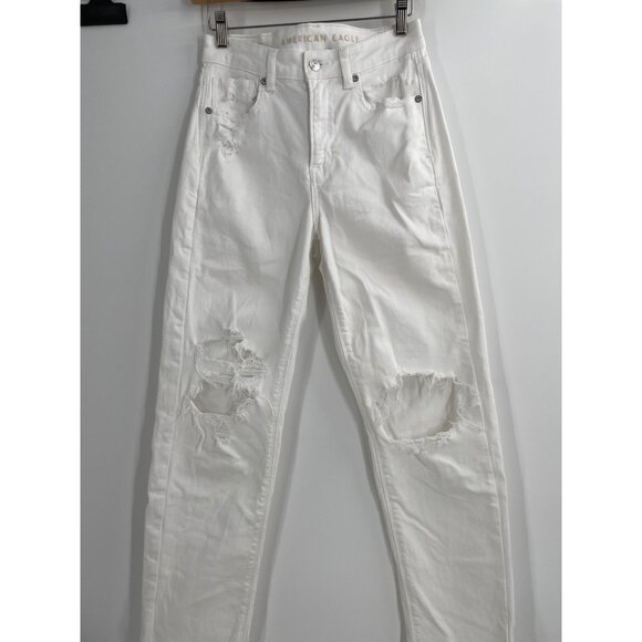 American Eagle Womens Size 2 Mom Straight Jeans Stretch Distressed White Casual - Picture 11 of 11